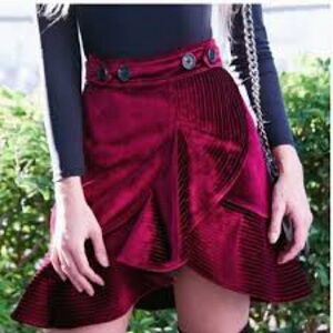 Self-Portrait Deep Red Velvet Asymmetrical Skirt